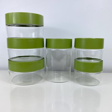 Vintage Pyrex Green Lid w/Clear Glass Canisters, Store 'N See Canister Set of 6, Corning Ware Compatibles, Avocado Green Storage Container 