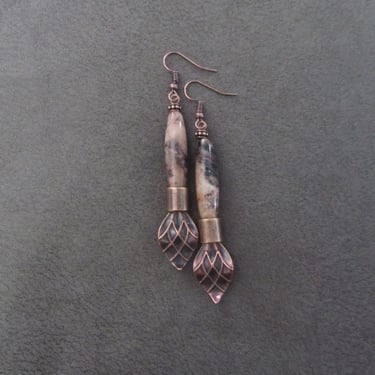 Mosaic marble stone earrings, mid century modern earrings, statement earrings, pink feldspar earrings, copper earrings, unique earrings 