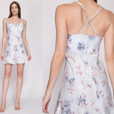 XS 90s Shiny Baby Blue Floral Mini Dress | Vintage Frederick's Of Hollywood Spaghetti Strap Cross Back Party Dress 