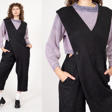 Petite Medium 80s Issey Miyake Plantation Black Hemp Pinafore Jumpsuit | Vintage Minimalist Designer Suspender Pants 