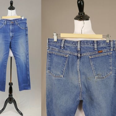 80s Men's Jeans - 33 waist - Faded Distressed Blue Denim Pants - Vintage Rustler from Wrangler - 31.5