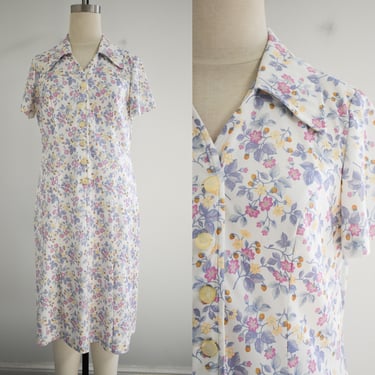 1970s Floral and Strawberry Print Knit Shirt Dress 
