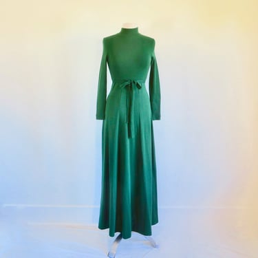 1970's Green Knit Turtleneck Maxi Dress Long Sleeves Belted Mod Style Hippie Boho Hostess Gown Hubba Hubba San Fransisco Size Small 