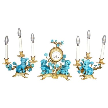 Rococo Chinosoiserie Style Three-Piece Gilt Bronze and Porcelain Clock Garniture