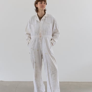 Vintage White Cotton Coverall | Unisex Jump Suit Jumpsuit | Herringbone Twill Flight Suit | Made in USA | L | COV07 