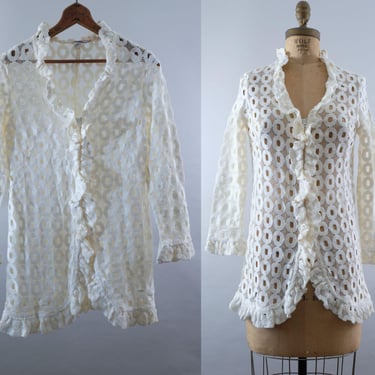 70s Victor Bijou Lace Top – Cream Ruffle Front Sheer Coverup – Long Sleeve Zip Front – Romantic Boho - HC Brown Label 