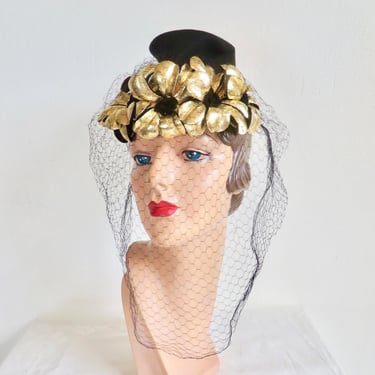 1940's Black Felt Toque Hat with Metallic Gold Flowers and Face Veil Trim New York Creation Hats 40's Fall Winter Millinery Formal WW2 Era 