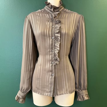 vintage taupe ruffle blouse 1970s high neck tux button down top large 