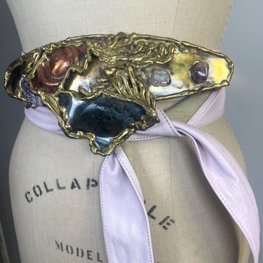GEM STONE Art Buckle Brass Pink Leather Wrap Belt Vintage 80s Signed 