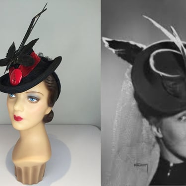 Flying High on Wings of Blackbirds - Vintage 1930s Black Lacquered Straw Mini Breton w/Lacquered Bird Red Button RARE 