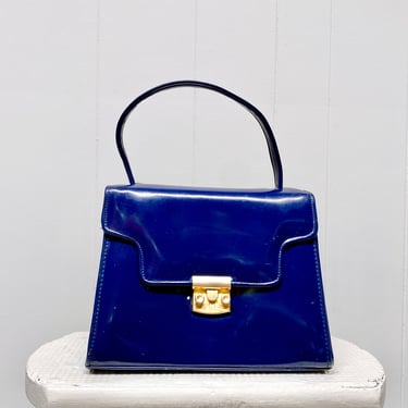 Vintage 1960s Blue Vinyl Footed Handbag, Boxy Mid-Century Top Handle Bag, Mod Vegan Purse 