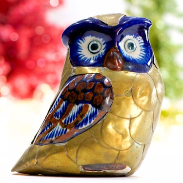 VINTAGE: Collectable Mexican Ceramic and Brass Owl Figurines - Hand Painted Pottery Owl - Mexico Folk Art - SKU 27-D-00035019 