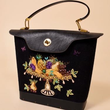 Black Enid Collins Reproduction Bucket Bag with Embellished Fruit Platter Motif