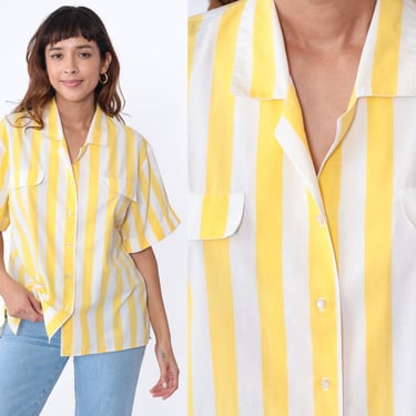 80s Button Up Shirt White Yellow Striped Blouse Short Sleeve Top Chest Pocket Flap Shirt Vintage 1980s Large L 