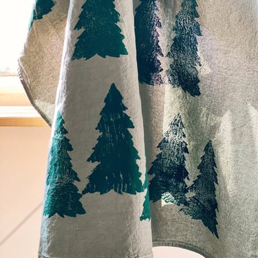block printed tea towel. forest trees on green. organic flour sack cotton kitchen towel. winter. holiday. christmas. hostess gift. mountains 