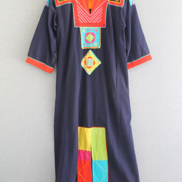 1970s - JOSEFA - Mexican Designer -Cotton-  Kaftan - Embroidered - Color Blocked  - Resort wear - Dark Blue/Red/Turquoise/Yellow 