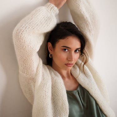 Mohair Bomber Cardigan, Off White Hand Knit, Chunky Knit Cardigan, Balloon Sleeves, Soft Mohair Wedding Knit, Open Front Bridal Cardigan 