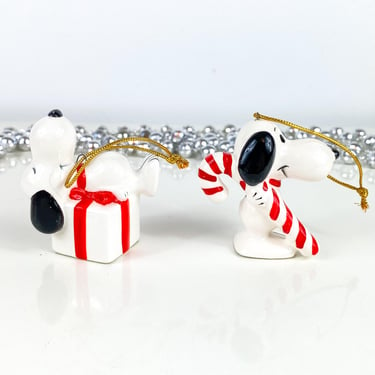 Vintage Snoopy Ornament Set of 2, United Feature Syndicate, Made In Japan, 1966 Candy Cane Snoopy, Snoopy Present Ornament, Christmas Tree 