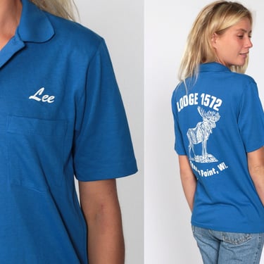 Vintage Uniform Shirt MOOSE Print Lodge 1572 Steven's Point Wisconsin Shirt Polo Shirt Blue Half Button Up Shirt Collared 80s Small 