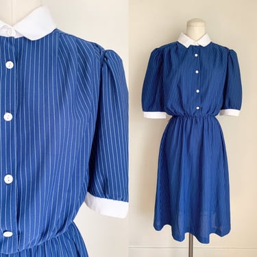 Vintage 1980s Navy & White Striped Day Dress / M 
