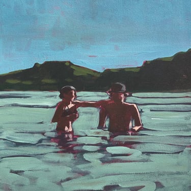 Woman and Man in River - Original Acrylic Painting on Canvas 12 x 16, aqua, water, swimsuit, turquoise, girl, fine art, michael van, Texas 