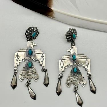 THUNDERBIRD LJC Sterling Silver and Turquoise | Navajo Large Statement Fringe Earrings | Native American Southwestern, Fred Harvey Style 