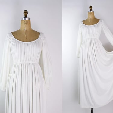 70s Victor Costa White Wedding Dress / 90s Vintage Wedding Dress / White Goddess Dress/ Long Sleeves Wedding Dress/ Size XS/S 