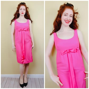 1960s Vintage Pixie of California Pink Crepe Empire Waist Dress / 60s Barbie Bow Midi Dress / Size Small - Medium 