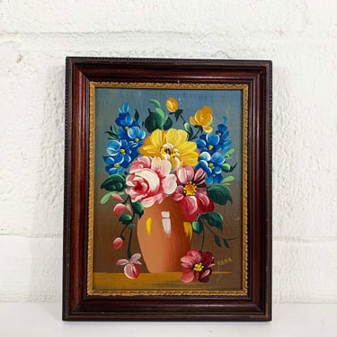 Vintage Framed Floral Original Painting Art Oil Amateur Painter Hobbyist Wall Gesco Studios Philadelphia PA 1970s 