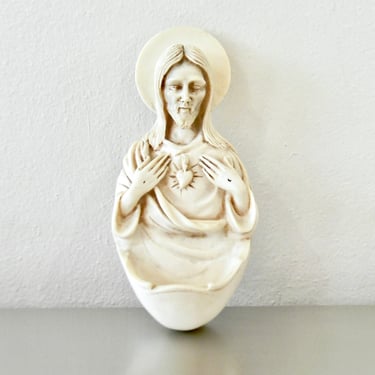 Vintage Italian Resin Sacred Heart of Jesus Holy Water Font, Retro Holy Water Font, At Home Holy Water Dispenser, Creepy Art, Sacred Heart 