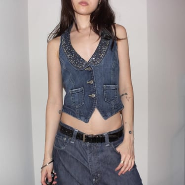 y2k vintage bebe blue denim rhinestone crystal fitted tuxedo cropped vest top 