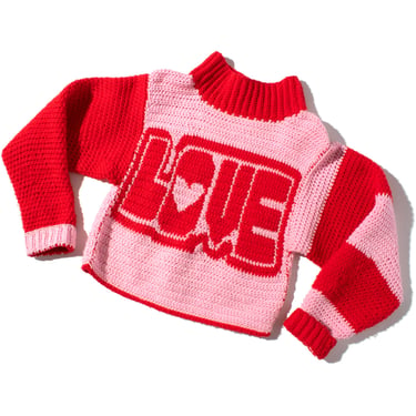 Vintage 1970s 1980s Sweater | 70s 80s LOVE Heart Crochet Crocheted Chunky Knit Red Pink Mock Turtleneck Pullover Top (x-small/small) 