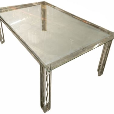 Art Deco Geometric Chrome & Glass Machined Dining Table or Desk in the style of Edgar Brandt 