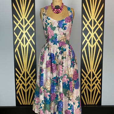 1980s sundress, malia, vintage 80s dress, full skirt, cotton summer dress, small, pockets, pastel floral, tea length 80s does 50s, button up 
