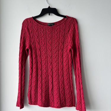 Vintage Ralph Lauren Cable Knit Sweater Red Boat Neck Cotton Long Sleeve Women Small Preppy Boho 