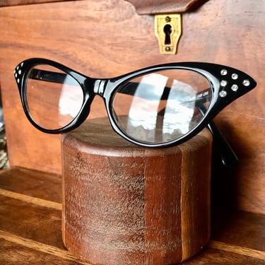 Vintage Cat Eye Glasses Black Frame Rhinestone 1990s Taiwan Retro Fashion Nerd Clear Lens 
