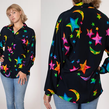 Large 80s Black Rainbow Starry Night Top | Vintage Long Sleeve Novelty Print Collared Button Up Shirt 