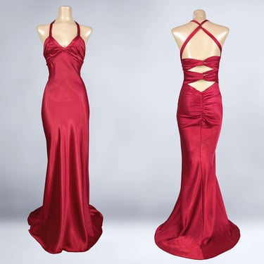 VINTAGE 90s does 30s Red Liquid Satin Bias Formal Dress by Zum Zum Size 7 | 1990s Special Occasion Long Cocktail Prom Gown 1930s Style | VFG 