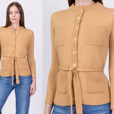 70s Retro Belted Cardigan - Petite XS | Vintage Four-Pocket Boho Button Up Sweater 