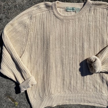 VTG boxy cut cotton sweater~ cropped short & wide cream color cable knit crew neck lightweight unisex androgynous minimalist beachy size XLG 