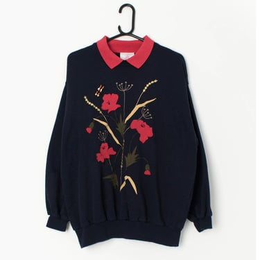 Vintage collared sweatshirt in navy blue with red embroidered poppies - Medium / Large 