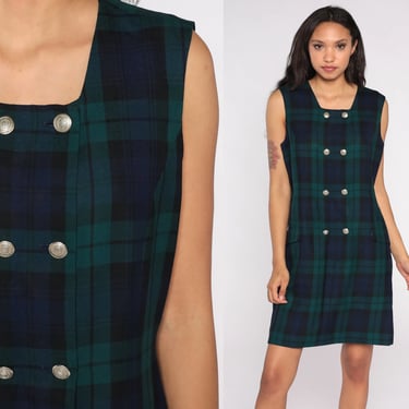 Tommy Hilfiger Jumper Dress 80s Wool Plaid Mini Dress 90s Vintage Preppy Double Breasted Button Up Sleeveless Blue Green Tartan Large L 