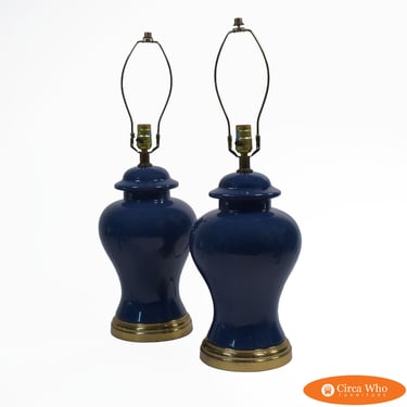 Pair of Blue Ginger Jar With Brass Table Lamps