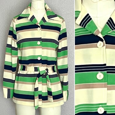 Mod Stripe Top, Polyester Knit Blouse, Button Down, Vintage 1970s 
