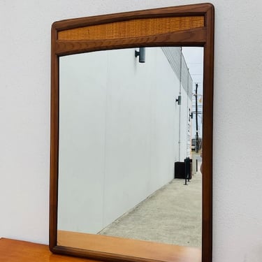 Walnut and Weaved Cane Leaning Mirror