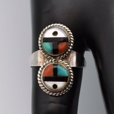 Southwestern 70's sterling MOP turquoise coral onyx size 4.75 ring, Zuni-style sun 925 silver stone inlay ring 