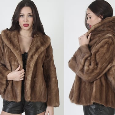 Autumn Haze Mink Short Waist Coat / Genuine Brown Real Jacket / Large Shawl Roll Fur Under Collar M L 