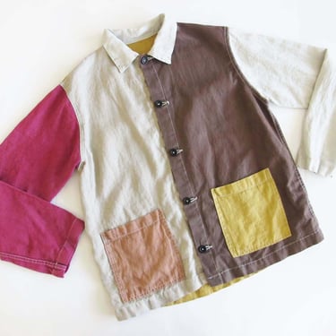 Vintage Patchwork Linen Chore Jacket M - Colorblock Boxy Jacket - Colorful Natural Fiber Minimalist Jacket 