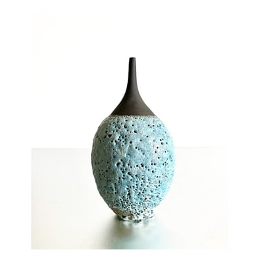 SHIPS NOW- One Stoneware Teardrop Bottle Glazed in Blue Crater By Sara Paloma Pottery. 