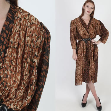80s Black Animal Print Dress, Cinnamon 3/4 Length Sleeve, Leopard Cheetah Cocktail Party Full Skirt Midi Dress Large 